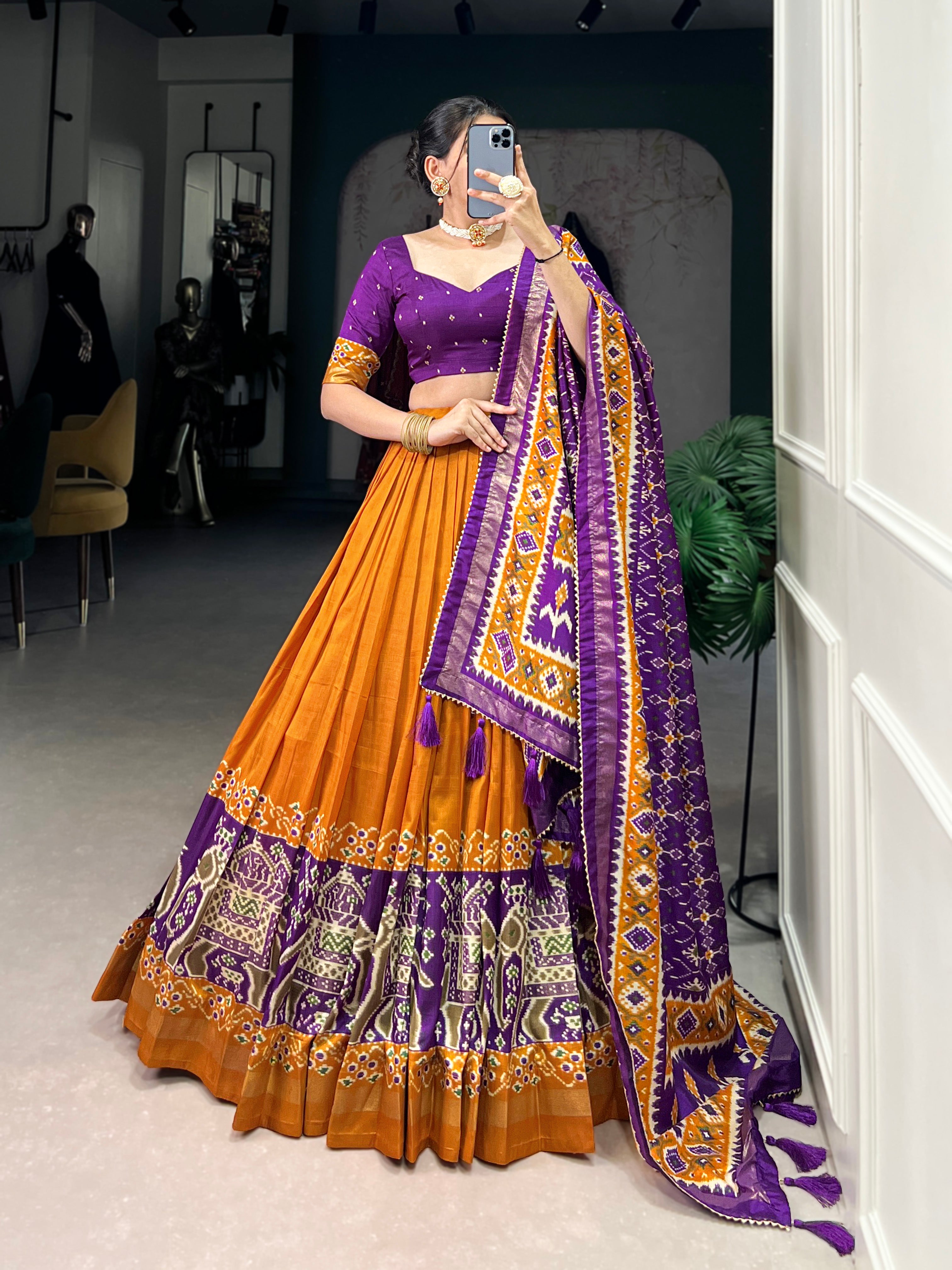 πͺ· Infuse Your Wardrobe with Southern Grace πͺ· Silk Kalamkari Print Lehenga Choli with Foil Work Border - Navratri